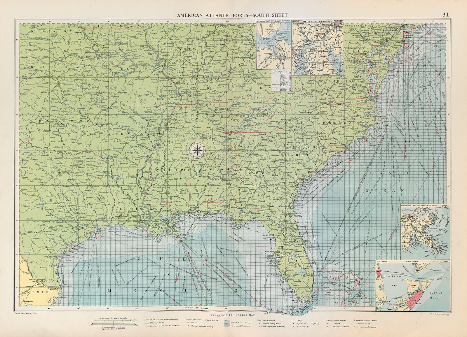 US Atlantic & Gulf Coast Ports sea chart lighthouses mail routes LARGE 1952 map